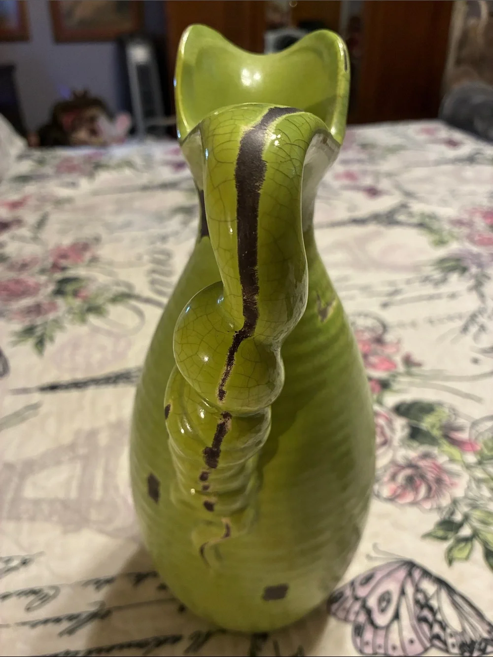 Lime Green Ceramic Pitcher Vase with Twisted Handle